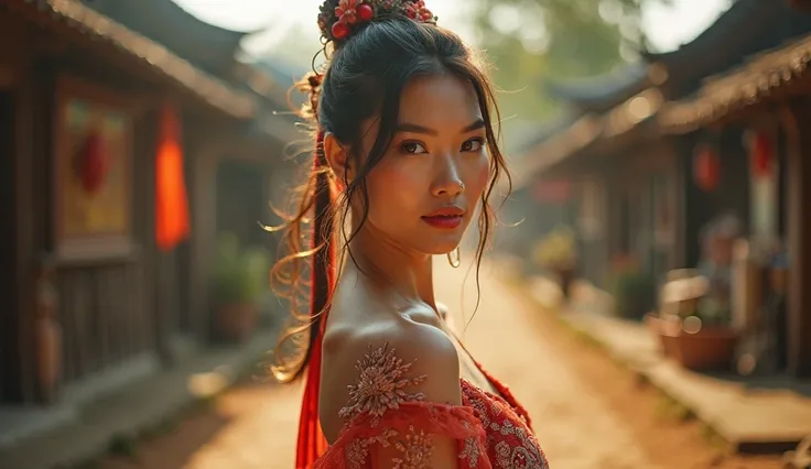 A highly realistic 16:9 street photography shot, taken with a Sony A7III and a Sony FE 16-35mm f/2.8 GM lens. A close-up portrait of a beautiful and sexy young Thai woman, wearing a traditional Thai outfit with a modern, alluring touch. She stands in a cha...