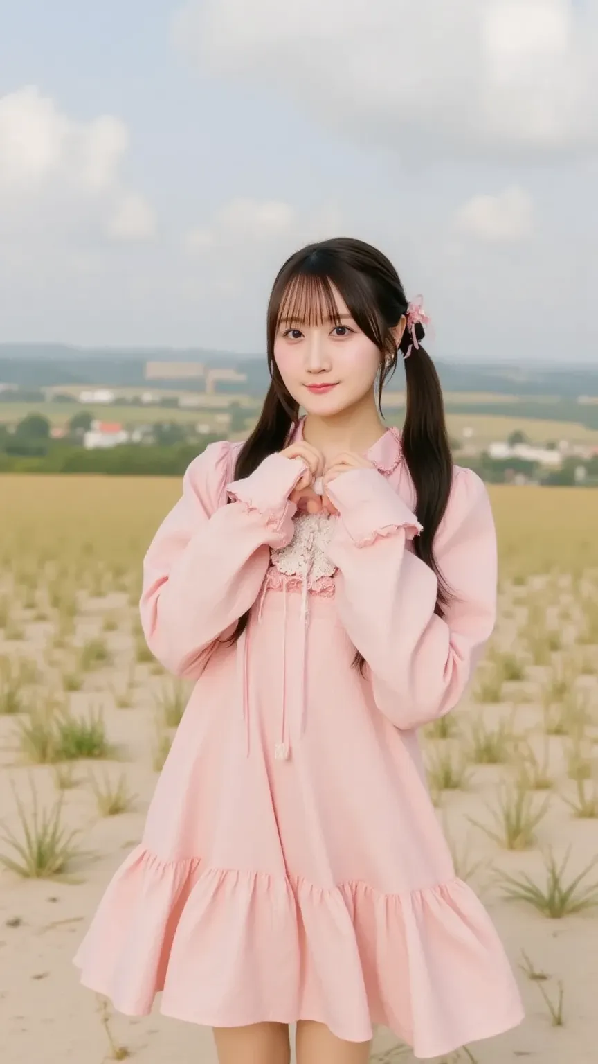 「 brighter、A slightly clumsy natural woman。wearing a soft pink dress、and an expression showing a bit of confusion while smiling。The background is a prairie under a cloudy sky。」
