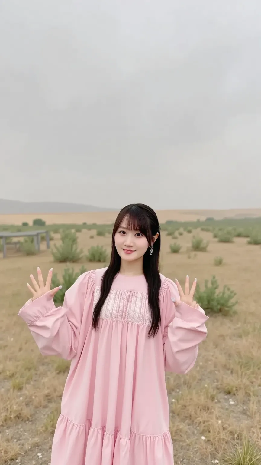 「 brighter、A slightly clumsy natural woman。wearing a soft pink dress、and an expression showing a bit of confusion while smiling。The background is a prairie under a cloudy sky。」
