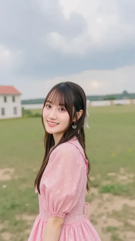 「 brighter、A slightly clumsy natural woman。wearing a soft pink dress、and an expression showing a bit of confusion while smiling。The background is a prairie under a cloudy sky。」
