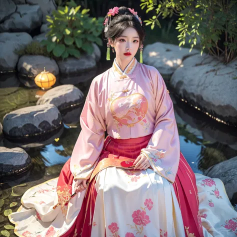 (Hanfu),(Chinese clothes),((Floral)),(( pink/  yellow/green/white/red/Chinese style shirt with black print)),(( pink/  yellow/green/white/red/long skirt with black print)),1 girl,full body,( short hair),(realistic:1.7),((Highest quality)),Absard Dress,(sup...