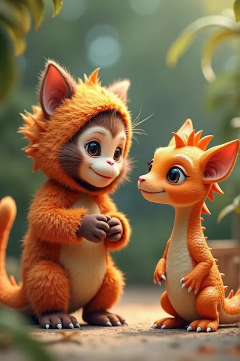 Cute little monkey wearing orange cat outfit Cute little orange dragon wearing monkey outfit sitting side by side