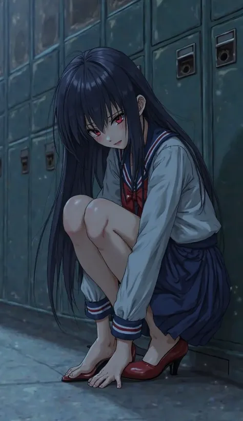 Anime girl in dark blue high school schoolgirl wearing open heels while crouching 