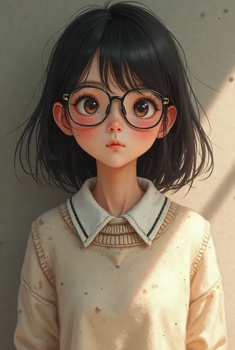 An 18-year-old Korean girl, chubby, with black hair up to the shoulders and a fringe, with glasses and with a white sweater with a collar, dirty and slightly broken