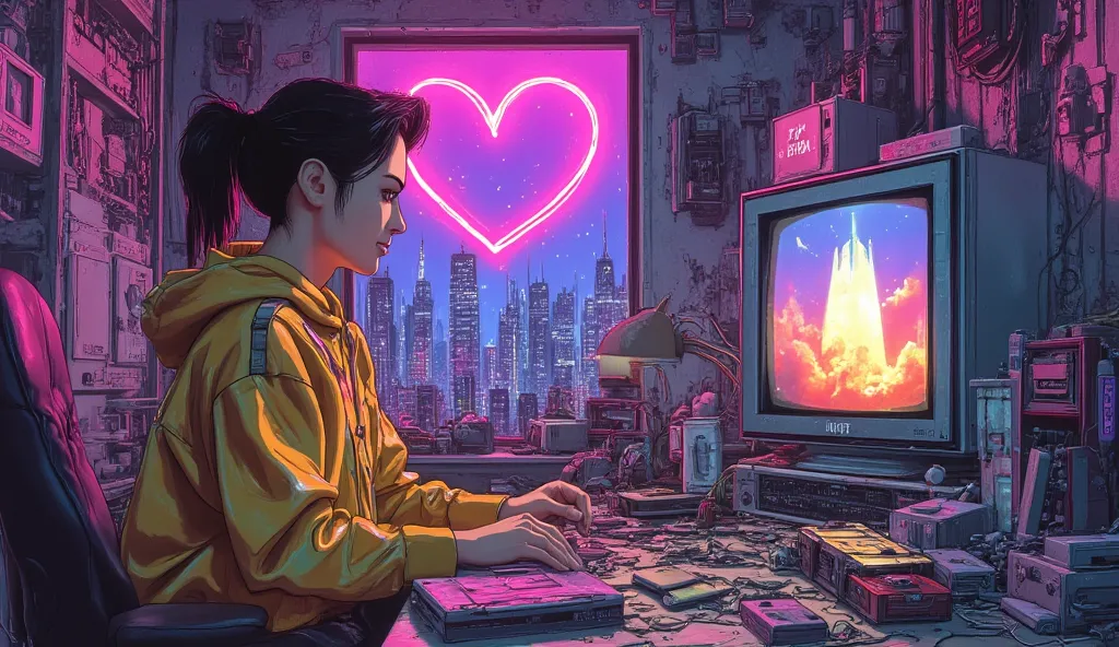 A cyberpunk world in 2300 AD.
A room in an old apartment.
There is a repaired CRT TV.
Various analog electrical work tools.
The room is cluttered with electrical appliances and machine parts on the walls and floor, like a junk shop.
A heart-shaped neon lig...