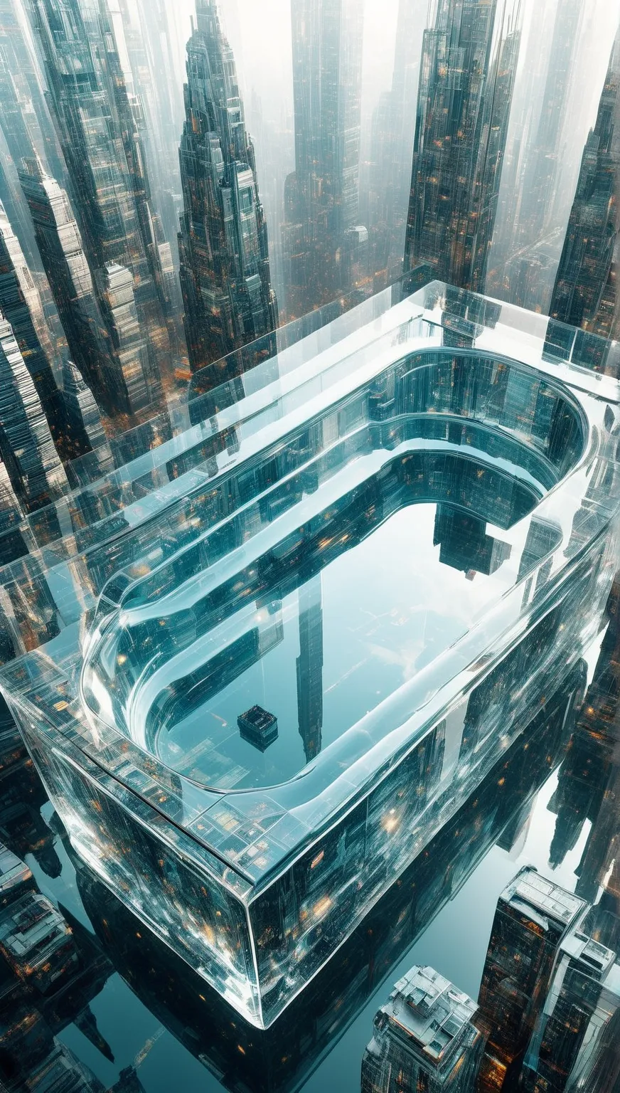 the large bathtub, transparent as glass, is made in the form of a mock-up of the future metropolis, double exposure, macro photography, and detail
