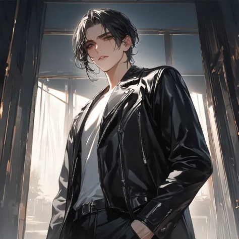 Hi-Res, masterpiece, is anatomically correct, accurate, Highest quality, high definition model, very detailed, Ultra High Definition, 陶器のような肌 繊細な色使い handsome 成人男性 黒髪のセンター分け, The composition of wearing a black leather jacket and a white T-shirt underneath t...