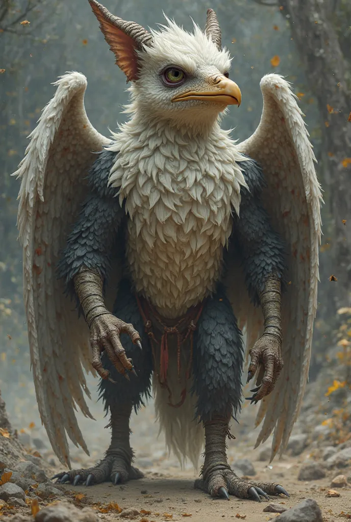 a mystical strong creature, without hair,
round circular eyes, with a beak, without ears,
short neck, medium sized body, has a paw, walks on
Human legs, has feathers, without tail, with horn, with claw with wings