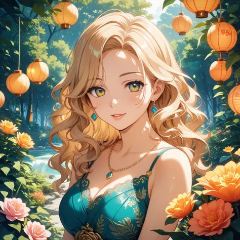 Top quality anime style、art deco musha, Plant and tree design 、1 beautiful 15-year-old Japanese woman with long, wavy hair,  spring,  chibi