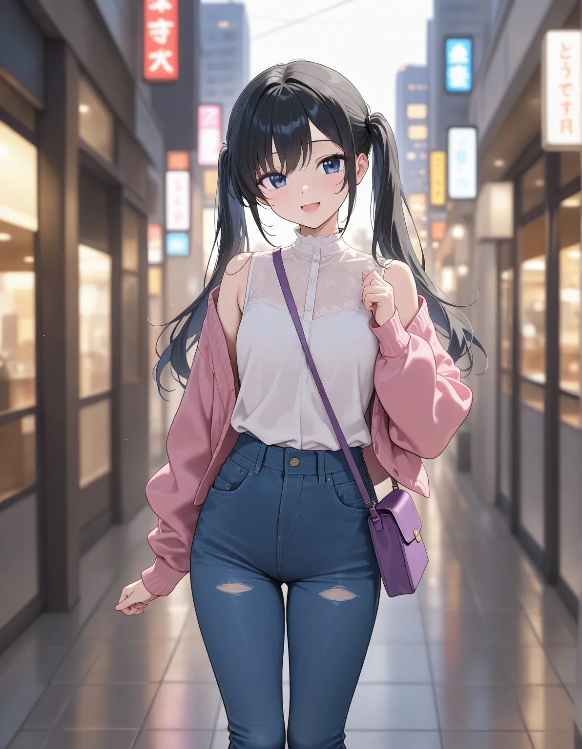 masterpiece, best quality, detailed face, 1 girl, solo, beautiful, modest chest, slender body, mature, light makeup, cute, adorable, bright smile, open mouth, long hair, black hair, high twintail hair, short tidy bang, dark blue eyes, pink cardigan, white ...