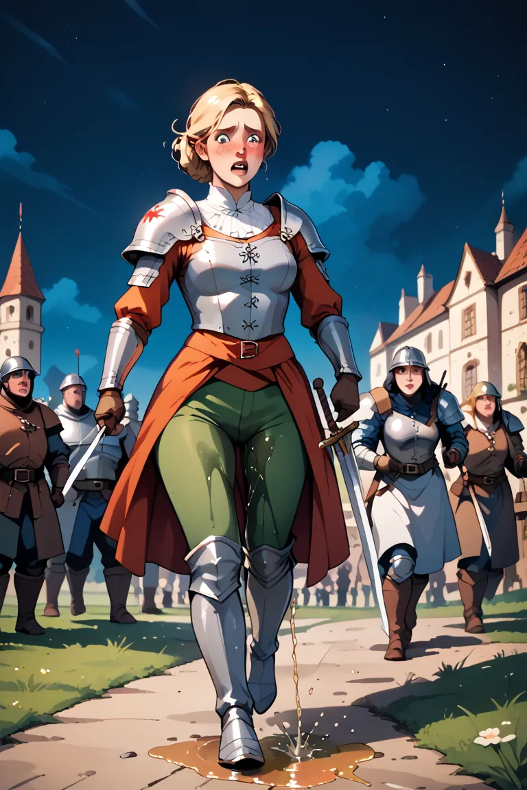 8k high resolution, best quality, 20 years old, dutch girl, blonde hair, medieval times, female mercenary, wearing a simple gambeson and rusty chestplate, battle in backround, very nervous, peeing herself, peeing her armor, pee running down her legs, wetti...