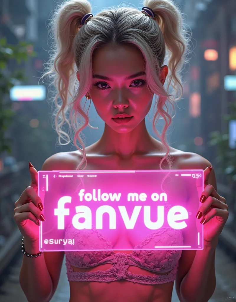 Beautiful Asian woman with tight frizzy curls champagne blonde hair and platinum hair roots, 2-piece summer dress, holding a cyberpunk pink hologram visionboard with text "Follow me on FANVUE @suriya-2025" and showing it to the viewer