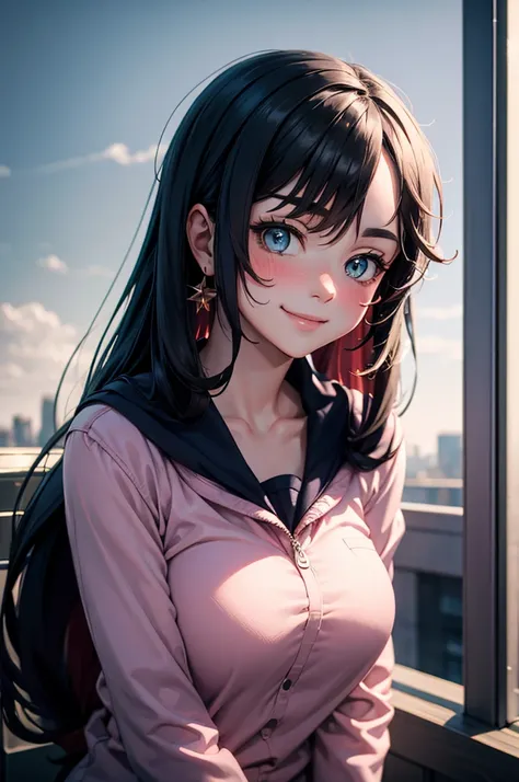 mona, upper body, smile, blush, outdoors, day, simple background, blue sky, long hair, sky, city, looking at viewer, moody lighting, school uniform long sleeves, large breast, hair down, close up, pink jacket