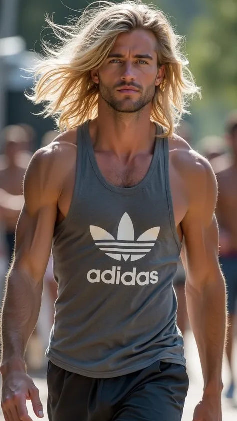   A Man,  blond hair,  moving to the rhythm of the wind.  The muscular body, Strong and of infinite sensual beauty, Perfectly beautiful face and always the same. Modern clothes from the brand "adidas" in evidence and the logo in the upper left corner,   bl...