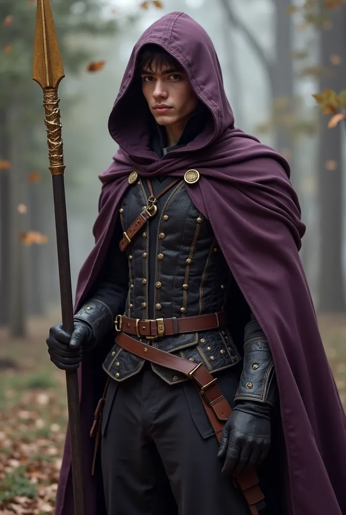  man.Dark purple hooded cape, Hood and showing my dark brown hair and brown eyes . Wearing a black vest with gold and black pants loose pants, My spear has a solid gold tip.
Mastery in combat with spear. Adventurous. You are serious and serene. 