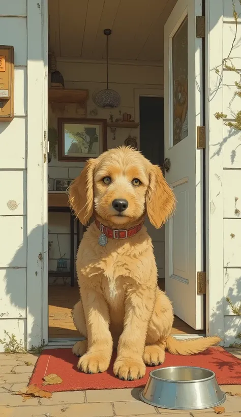 a goldendoodle, a dog with a fat body, yellow eyes, looking at viewer, brown fur and a red collar, he sits on a red carpet, in front of a white entrance, a simple wooden house, white wooden walls and brown wooden floors, next to the dog there is an empty s...