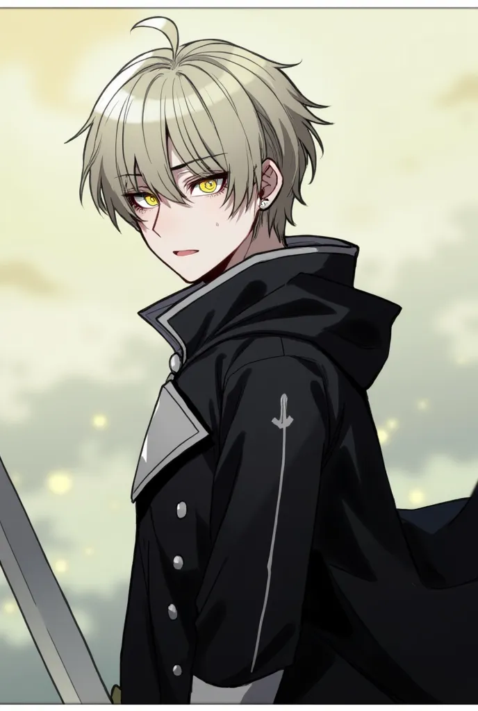 score_9, score_8_up, score_7_up, score_6_up, score_5_up, score_4_up, , 1male , mid 20s, emotionless, cold golden eyes, dim glow, medium messy blonde hair, long black coat, high collar, silver edges, sword in hand, standing, looking slightly down, facing vi...