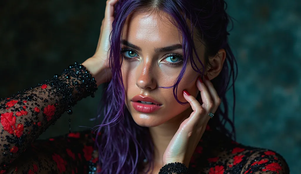 

"A high-fashion portrait of a stunning beautiful woman with deep purple hair, wet and slicked back, with water dripping down her face and hands. She poses with one hand resting on her head and the other gently touching her face. Her intense gaze and slig...