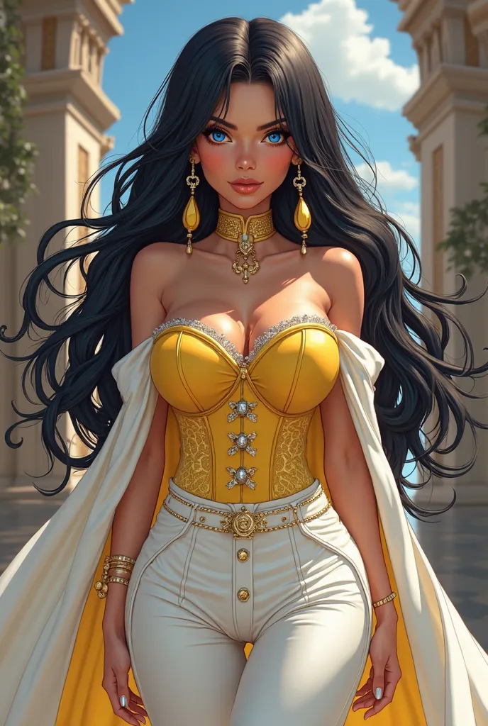 Young adult girl latina, light dark skin, blue eyes, big boobs, long black hair with two blonde strands, yellow corset blouse, white cape pants, anime style