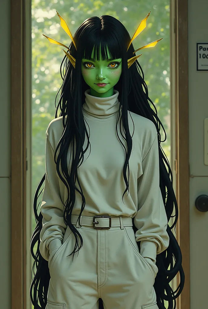 green skin alien girl, she has long black hair, the tip of her antenna are yellow and she's wearing a white turtle neck sweater while wearing cargo pants standing at the door smiling