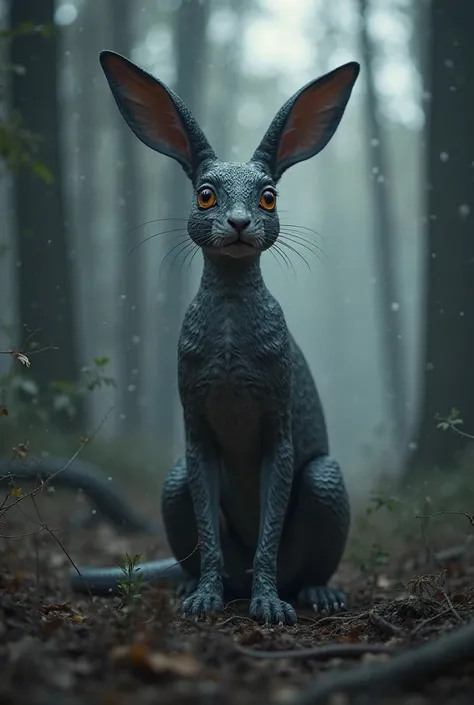 A surreal hybrid creature merging the agility of a rabbit with the deadly precision of a black mamba. Its body is sleek and slender like a serpent, covered in smooth, dark gray scales with subtle fur-like patterns. The head is rabbit-like, with elongated e...