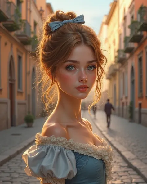 Young and beautiful woman with caramel-colored hair tied in a bow and light eyes, wearing a blue dress from the year 1840, is on a street in Rome at the time. 