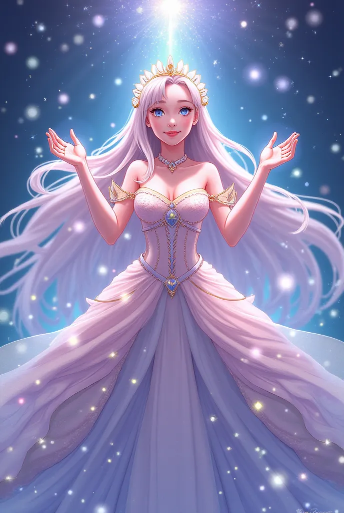 Create an image of Starlight Princess, a beautiful and magical character from the game 'Starlight Princess' by PG Soft. She has long, flowing hair that sparkles like the night sky, wearing a royal, elegant gown adorned with stars and pastel colors. Her eye...