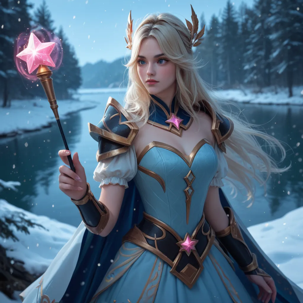 mobile legends style, 18yo Norwegian woman with long silvery blonde hair, wearing a light blue dress and black armor with gold carved accents, carrying a magic wand with a tip in the shape of a shining pink star, on the edge of a lake at night, snowy fores...