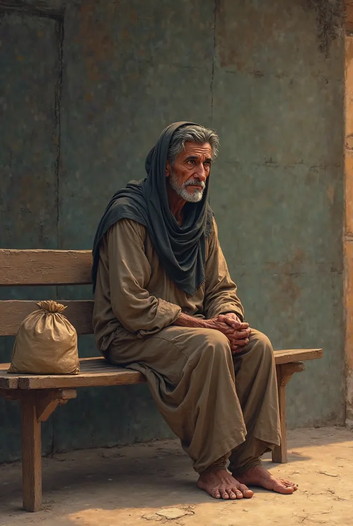 Hungry  sitting on wooden bench waiting for someone who give him a bag of food for his iftar for his fasting 