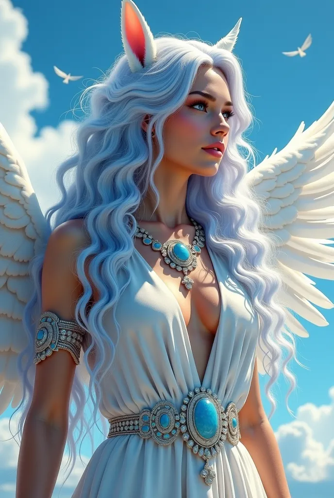 The male human version of the Pegasus you describe evokes a powerful and magical image.  Her majestic presence could attract the attention of everyone around her , } as if her essence were connected to the heavens themselves .
 Her long wavy hair ,  with s...