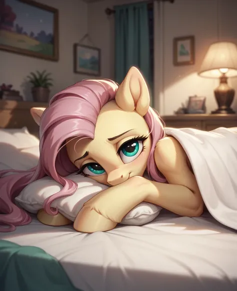 Fluttershy de mlp , pony, furry ,   wings on the back , , with a blanket , invites spectator, into a bedroom at night. sideways, from side, POV Bed invitation bed