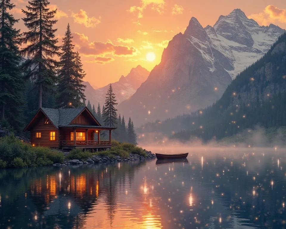 A breathtaking sunset over a serene mountain lake, with golden-orange hues reflecting on the calm water. Majestic snow-capped peaks stand in the background, partially covered by soft mist. A lone wooden cabin with warm glowing lights sits by the shore, sur...