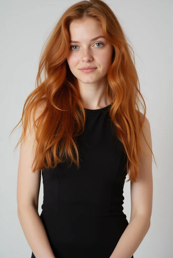 An upper body photo of a very beautiful young natural ginger super model woman, natural beauty, long rich natural wavy ginger hair, blue eyes, freckles, roman nose, hollow cheeks, in a black tight dress, blank background