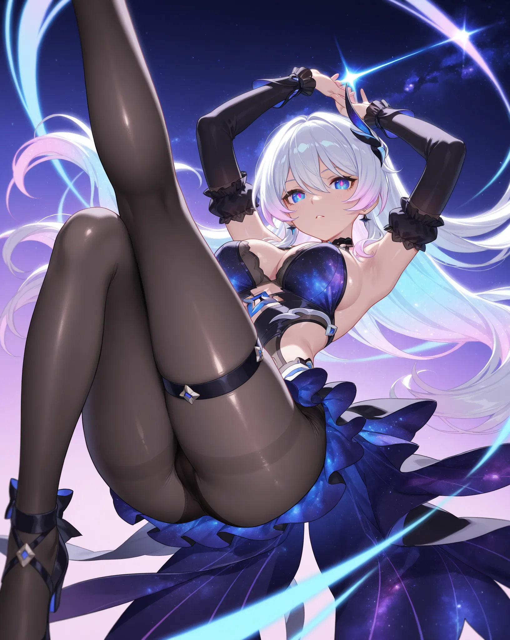 Honkai Impact 3 、Kiana、best image quality、  best thighs、beautiful breasts、galaxy eyes、、Neon Hair 、black tights、black tights、shiny skin