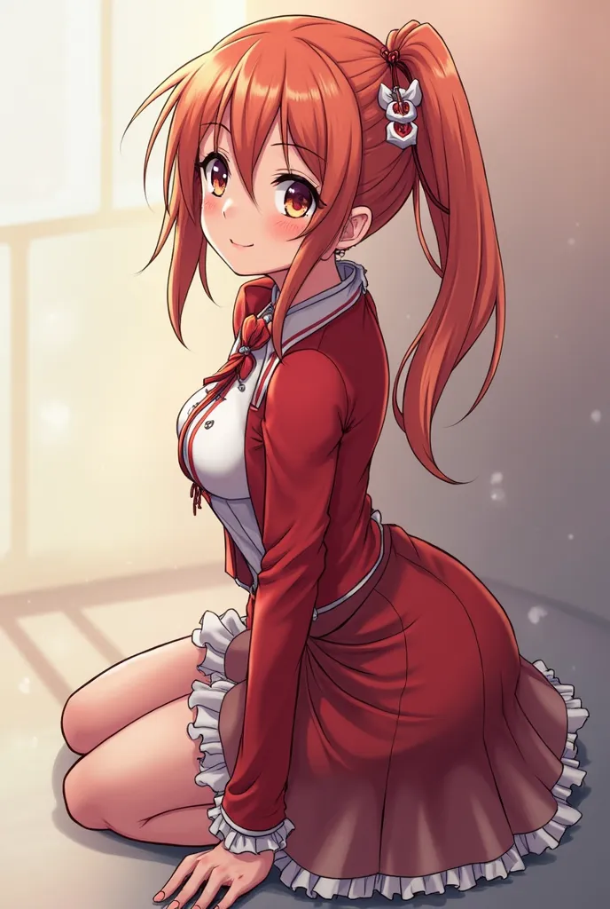 anime girl in red and white outfit kneeling on the ground, an anime drawing by Shitao, pixiv, conceptual art, beautiful anime girl squatting, the anime girl is crouching, asuna yuuki, seductive anime girl, asuna from sao, beautiful alluring anime , female ...