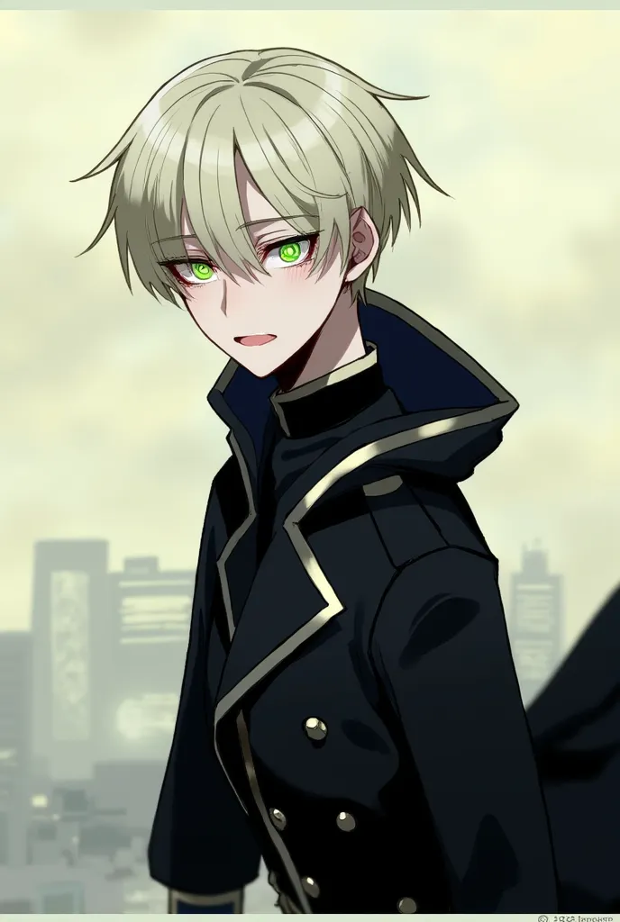 score_9, score_8_up, score_7_up, score_6_up, score_5_up, score_4_up, , 1male , mid 20s, emotionless, cold green eyes, blonde hair, long black coat, high collar, silver edges, standing, looking slightly down, facing viewer 