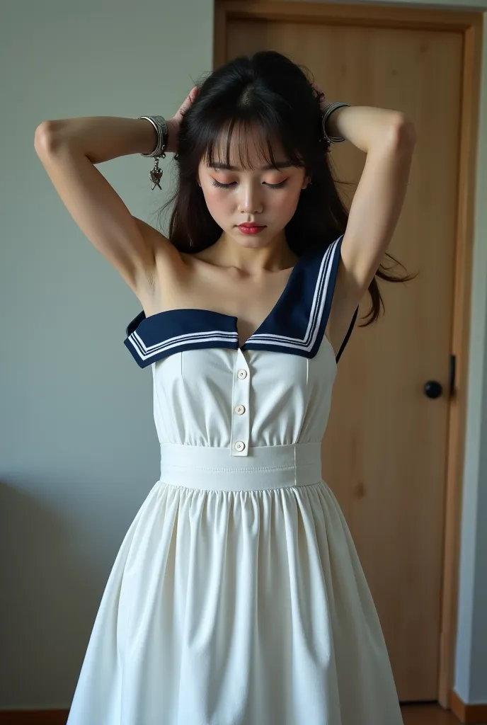 A 26 years old japanese beauty girl is arested in a house. both arms are handcuffed on her back.  Her head is tilting backward dramatirally. She wears a sailer based off-shoulder dress with white based and navy collar. Her hair flows downward due to gravit...