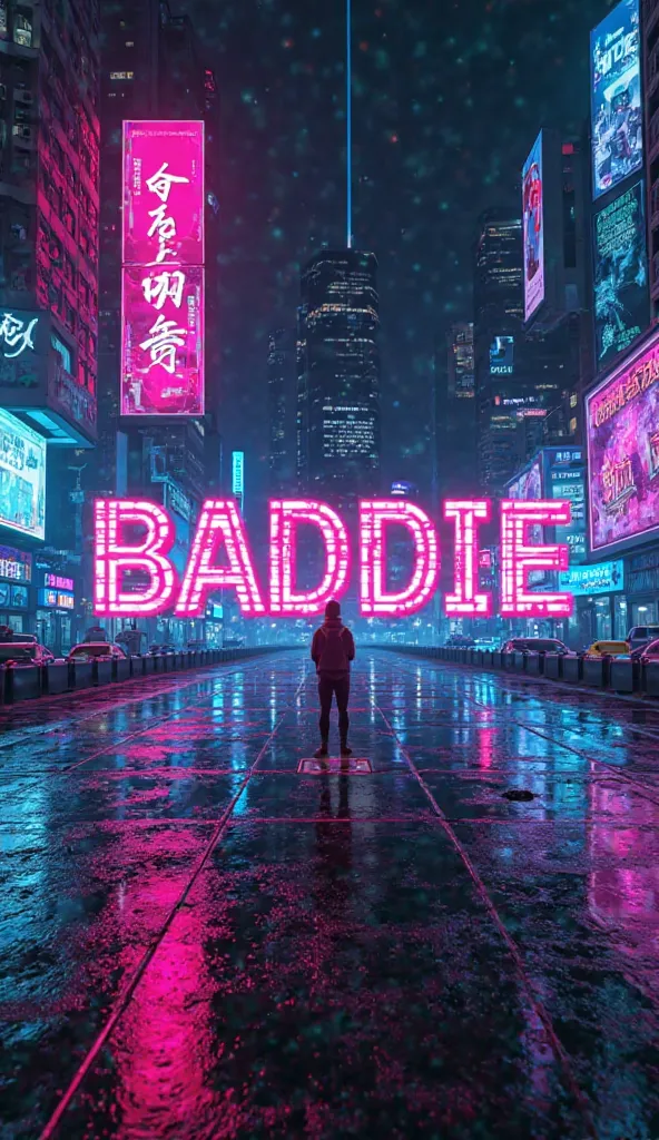 "Create a futuristic cyberpunk poster for IVE's BADDIE. Use neon pink & blue with a chrome metallic finish. The typography should be bold and digital, with glitch effects. The background should feature a dark cyber cityscape with holographic billboards, pi...