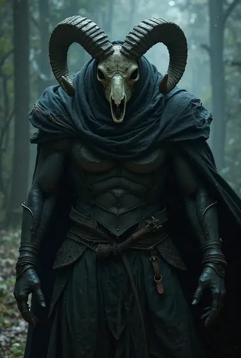 angry badass with a ram skull instead of head, black armor, black membrane made cape in horror vhs found footage on camera recorded night vision style in the night