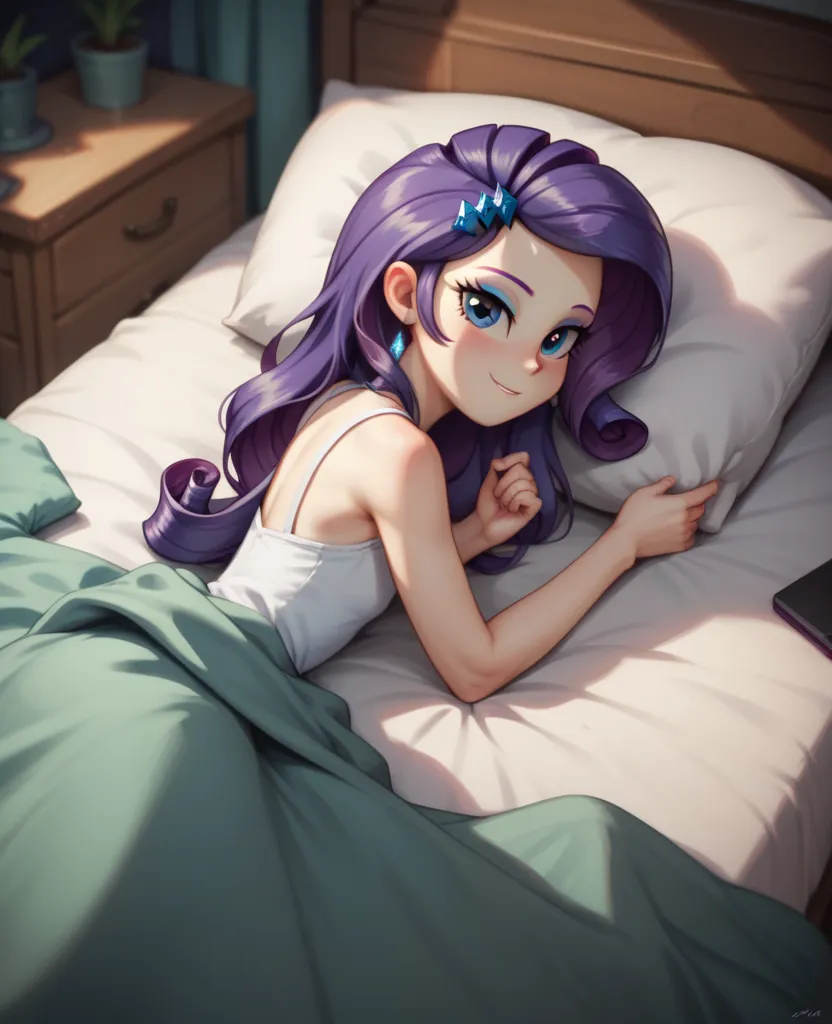 Shota Rarity de mlp Equestria girls, flat chest,  DRESS, lying on a bed, with a blanket , Raise blanket, invites spectator, into a bedroom at night. sideways, from side, pov across bed