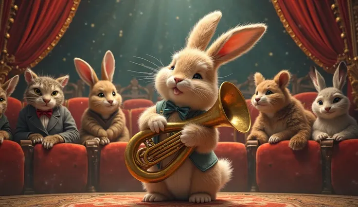 generate the image of a rabbit palying tuba from the mouth ( musical instrument ) to other animals in the cinema