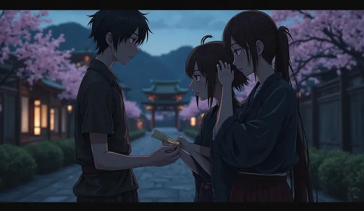 A shadowy temple outskirts of Kyoto at dusk, Ren, a thin young man in ragged clothes, slipping a stolen letter into Yuki’s hand, Yuki in a dark kimono whispering to Kenji, her hand resting lightly on his shoulder, Kenji clutching the letter with trembling ...