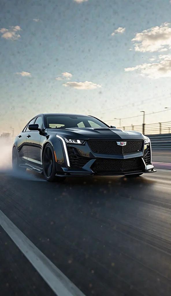 A Cadillac CT5-V Blackwing launching off the starting line on a racetrack, with motion blur effect emphasizing rapid acceleration. The car’s rear tires leave a slight smoke trail.