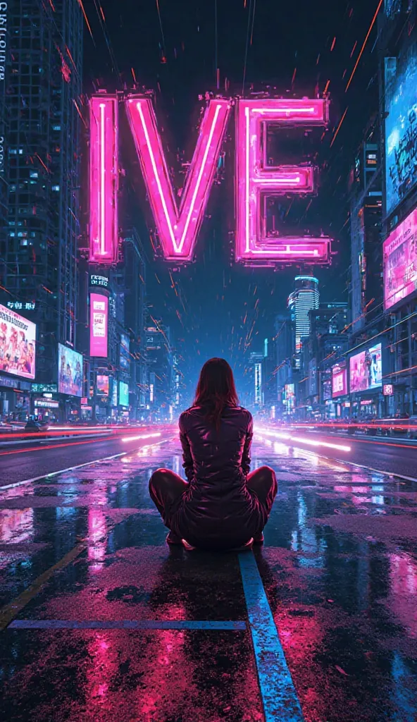 "Create a futuristic cyberpunk poster for IVE's BADDIE. Use neon pink & blue with a chrome metallic finish. The typography should be bold and digital, with glitch effects. The background should feature a dark cyber cityscape with holographic billboards, pi...