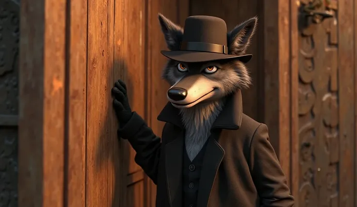 A humanoid wolf in a black coat and fedora hat standing in front of a wooden door, knocking with a sly grin. The scene is warm yet tense, Pixar-style 3D animation