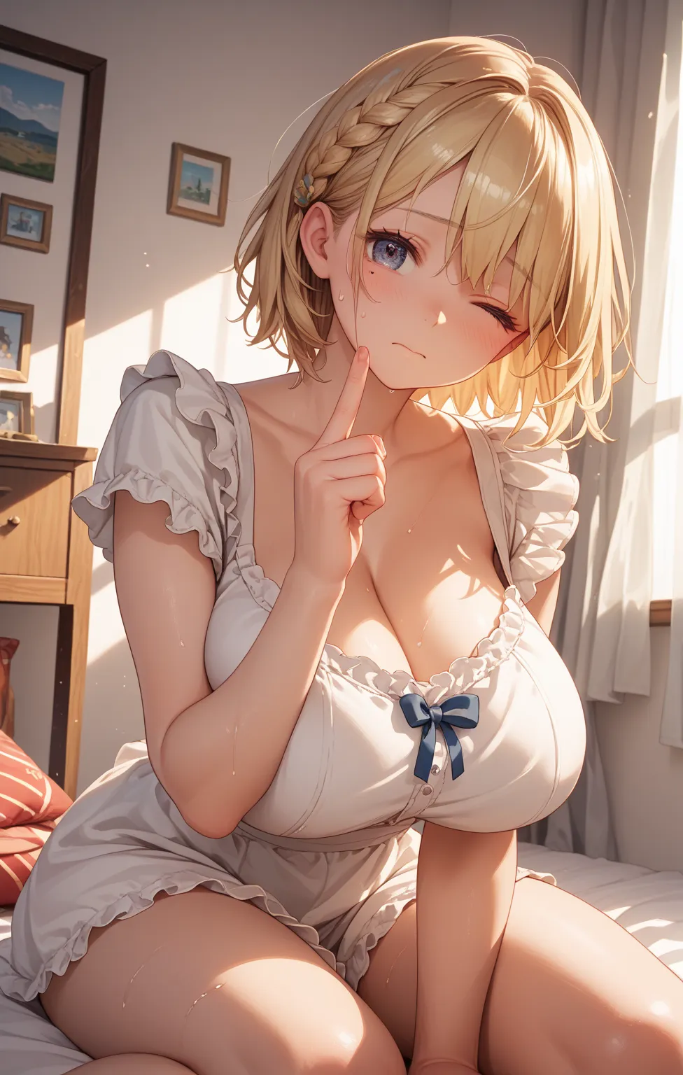 shueisha style, score_9, score_8_up, score_7_up, score_6_up, score_5_up, score_4_up, 
Masterpiece, Detail, Beautiful Cute Girl, Detailed, Best Quality, Perfect Anatomy, Super Detailed Skin, perfect finger,

blonde short hair, braid, huge breasts, (thick le...