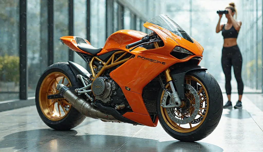 "A futuristic Porsche motorcycle with a sleek, aerodynamic orange design, gold accents, and a visible mechanical engine, displayed in a modern glass hallway. The motorcycle features a sharp front fairing, single-sided swingarm, and intricate spoked wheels....