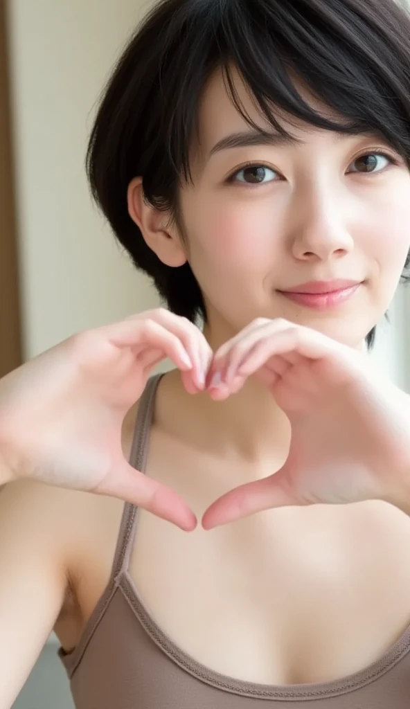 She wears a camisole, makes a heart shape with both hands, and poses in front of her chest, Close-up shot of winking and smiling