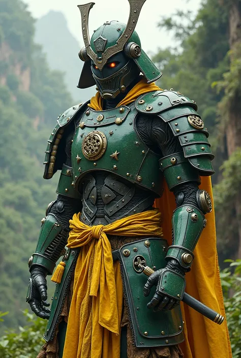  naughty man , robot,  with iron helmet , green samurai ,  Brazilian hero ,   with yellow detail 