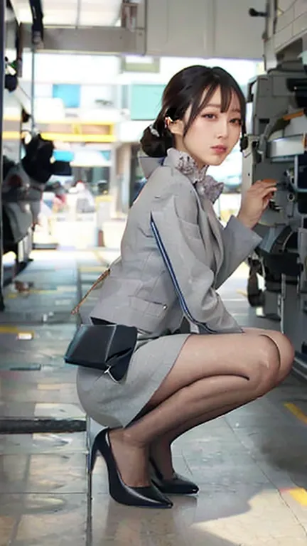   stewardess uniform （ANA FLIGHT ATTENDANT ）、 style is outstanding 、Amazing legs、Pretty and Beautiful Face 、tight skirt、high heels、BLACK STOCKINGS AND BLACK PUMPS、 squats 、  I can see my thighs 、 Looking Right in Front 